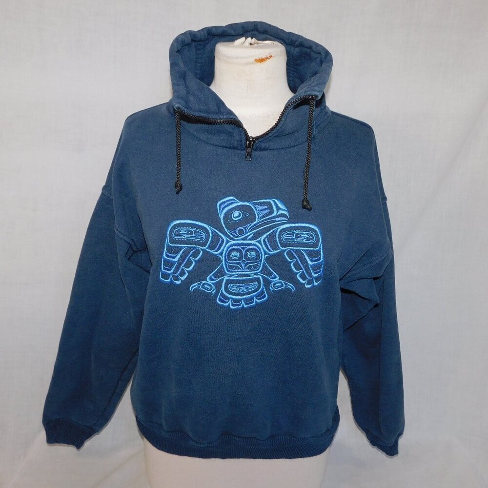 VTG Fuzzy Stonewash 1/4 Zip native embroidered oversized Sweatshirt XS unisex